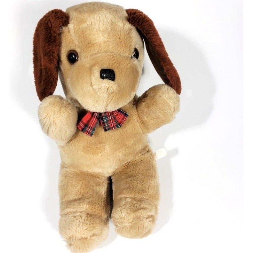 America Wego Vintage Dog Plush Toy Puppy  1982 Tush Tag Plushie Plaid Bow 13"